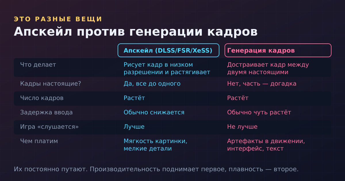 Апскейл против генерации кадров: что делает каждое, как это влияет на задержку и чем приходится платить