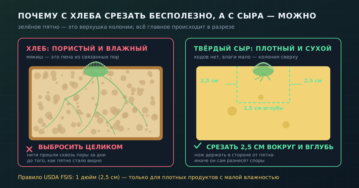 Слева — разрез хлеба: нити грибницы свободно идут по порам. Справа — твёрдый сыр: плотная сухая масса, колония остаётся у поверхности, и срезать с запасом действительно имеет смысл.