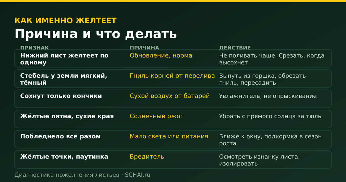 Как именно желтеет лист — вероятная причина — что делать