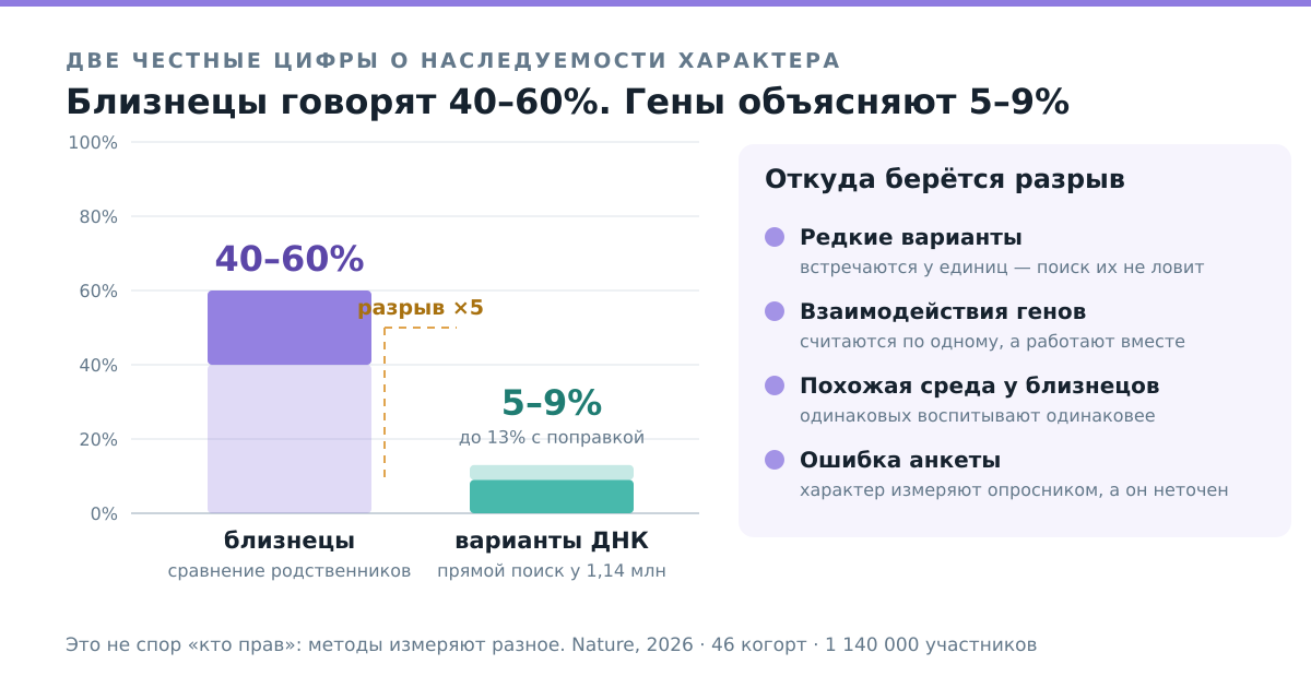 Близнецовые исследования дают 40–60%, прямой поиск генов — 5–9%. Почему возникает разрыв
