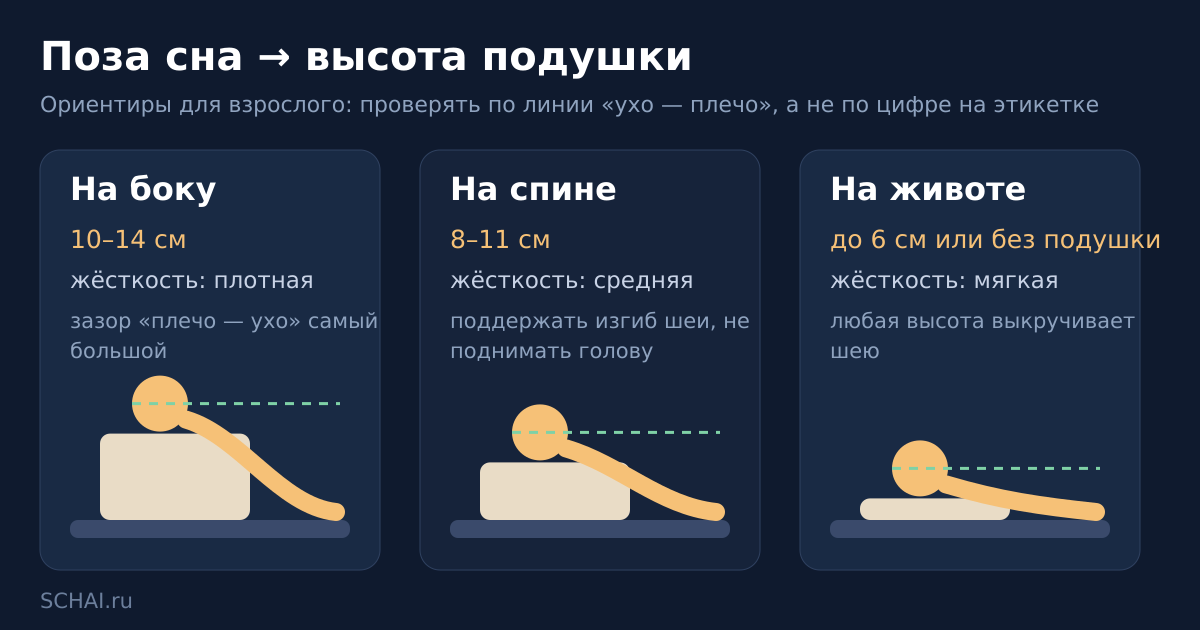 Поза сна → высота подушки → жёсткость: ориентиры для взрослого