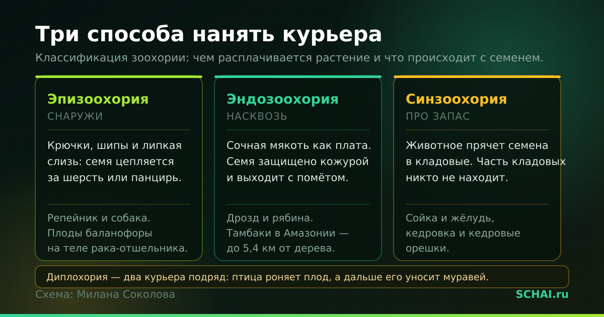 Три основных механизма зоохории: чем расплачивается растение и что происходит с семенем