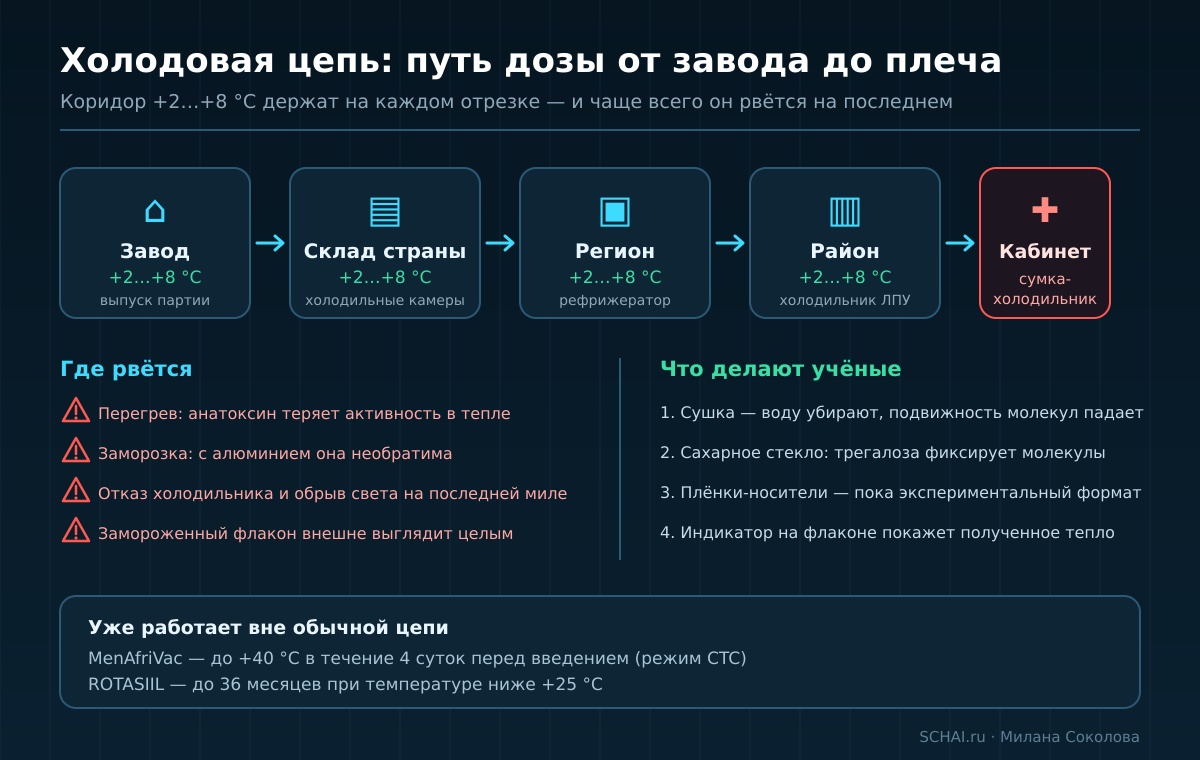 Схема холодовой цепи: путь дозы от завода до прививочного кабинета и точки, где коридор рвётся