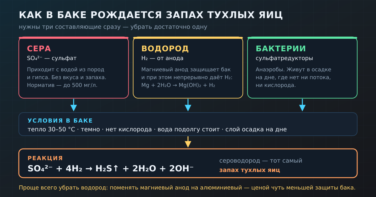 Три составляющие запаха: сера из воды, водород от магниевого анода и бактерии в осадке на дне