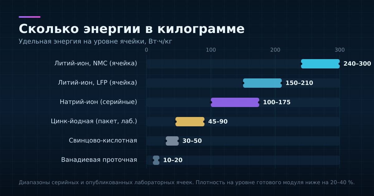 Удельная энергия на уровне ячейки: разрыв между литием и водными системами держится физикой, а не качеством инженерии