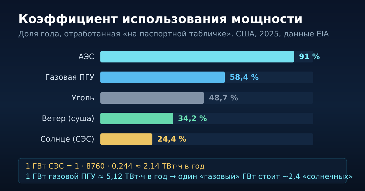 Коэффициент использования мощности по типам генерации, США, 2025 год, данные EIA