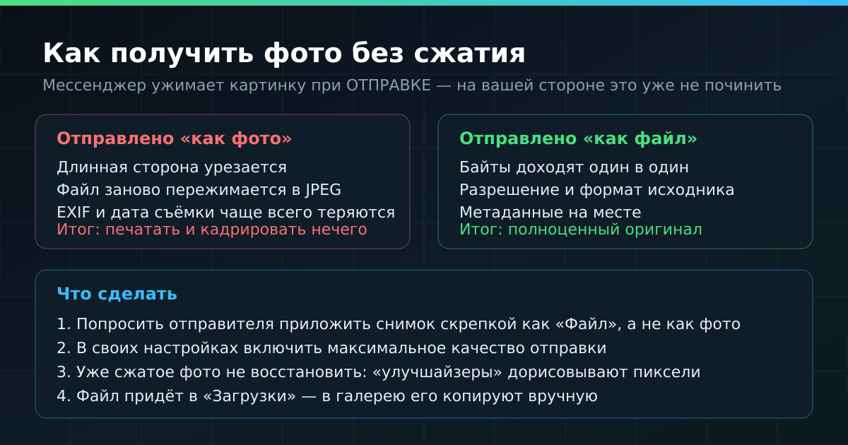 Как получить фото без сжатия: отправка файлом вместо изображения