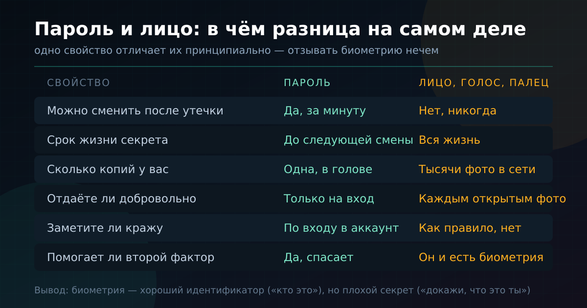 Пароль и биометрия отличаются не сложностью, а возможностью отзыва