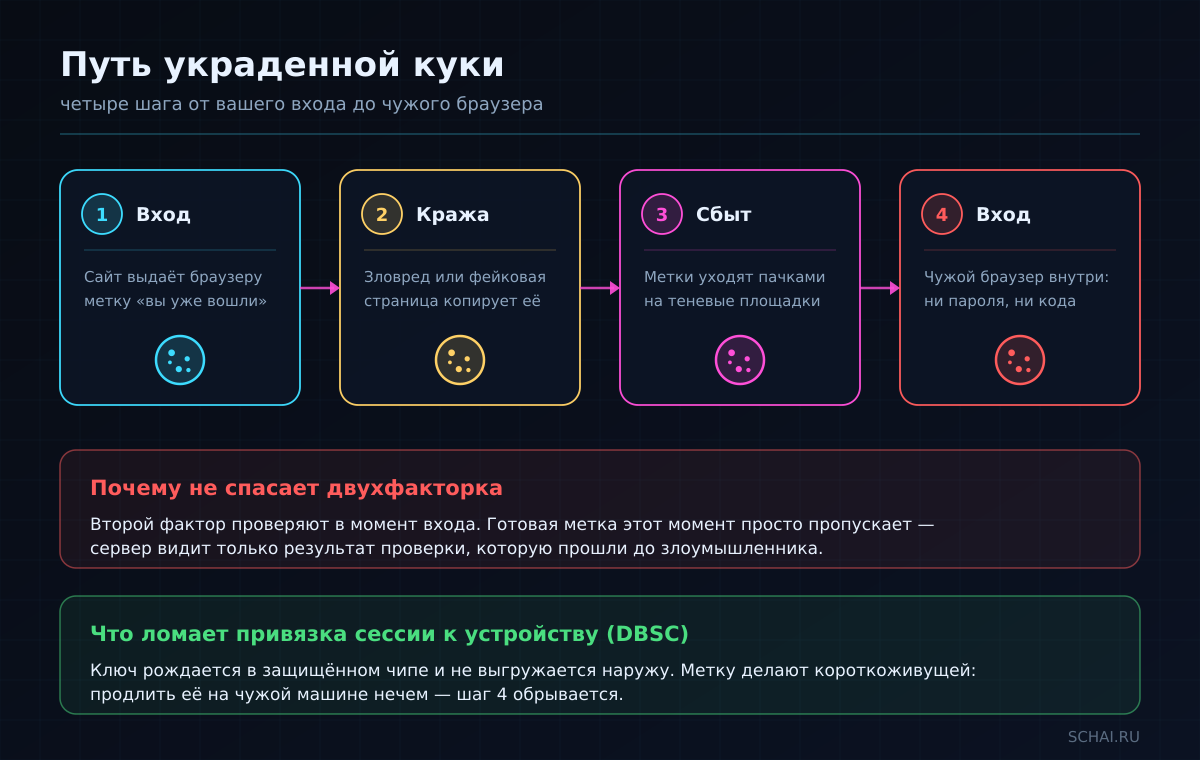 Путь украденной куки: четыре шага от вашего входа до чужого браузера