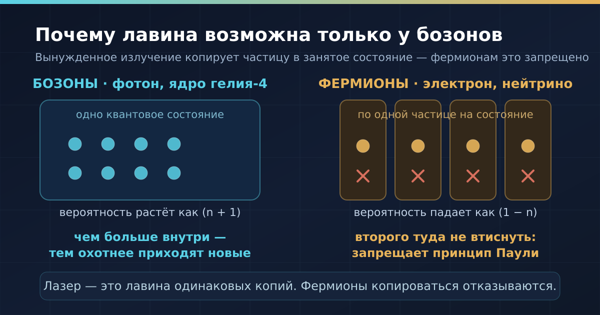 Бозоны набиваются в одно состояние всё охотнее, фермионам туда вход закрыт — поэтому лавина одинаковых копий возможна только у первых