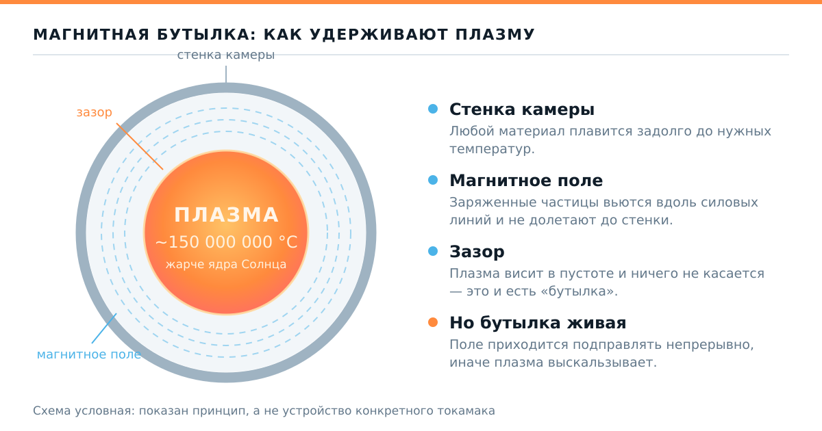 Магнитная бутылка: плазма висит в поле и не касается стенок камеры