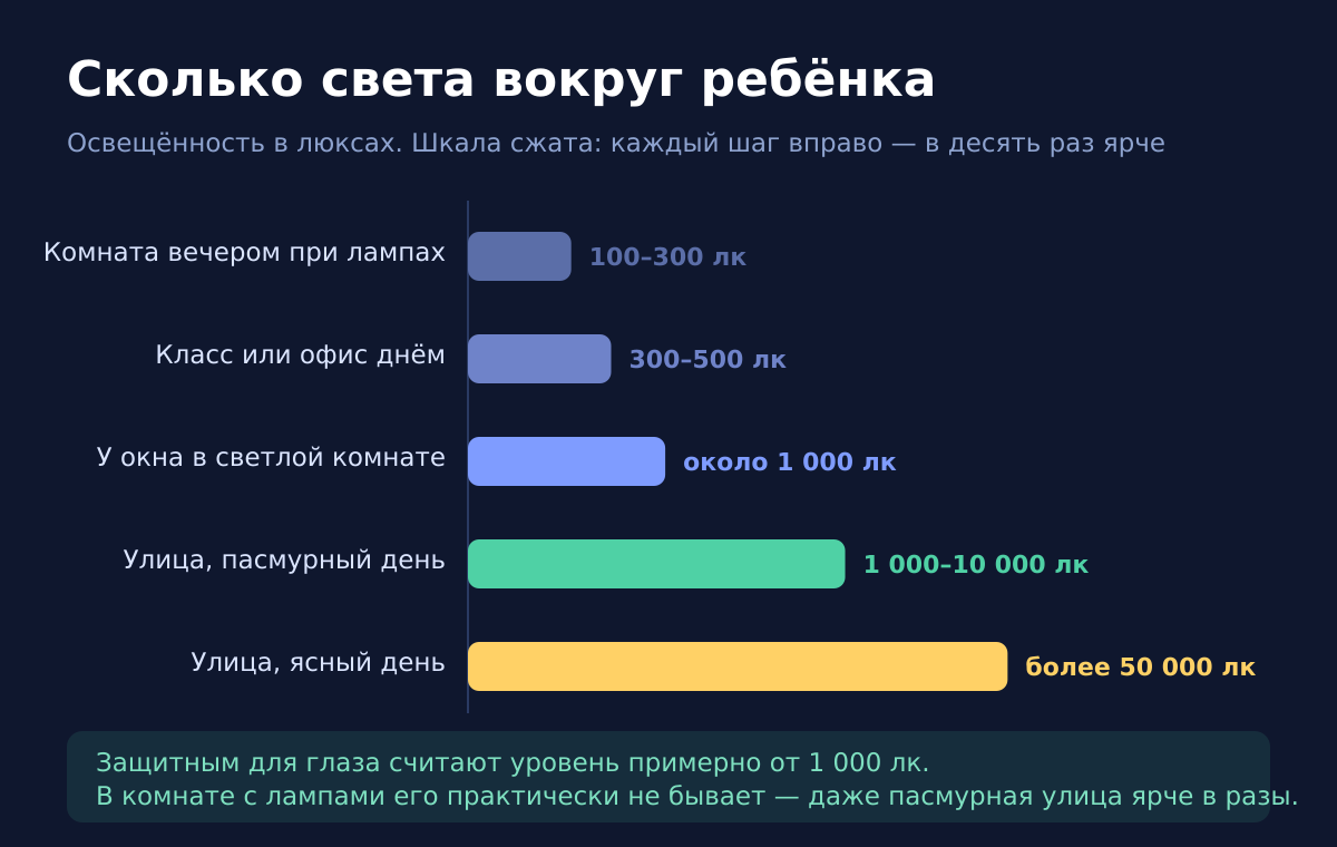 Освещённость в комнате и на улице: шкала сжата, каждый шаг вправо — в десять раз ярче