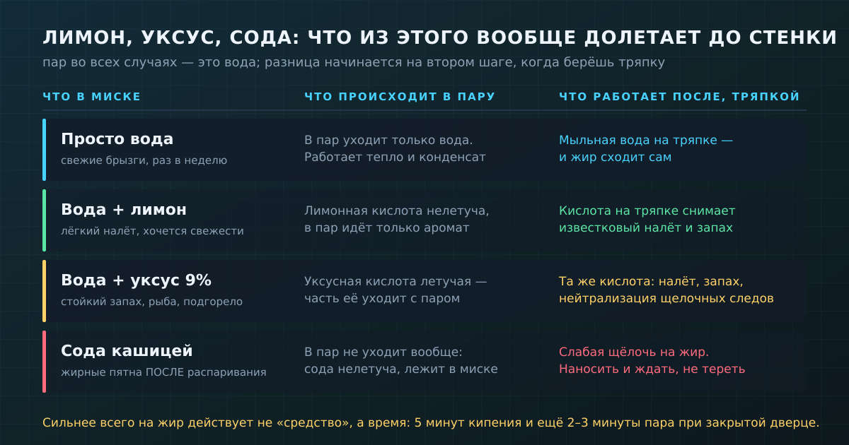 Что из добавки реально доходит до стенки: лимонная кислота и сода нелетучи и остаются в миске, уксусная кислота частично уходит с паром. Работа кислоты и щёлочи начинается на втором шаге — когда вы берёте тряпку.