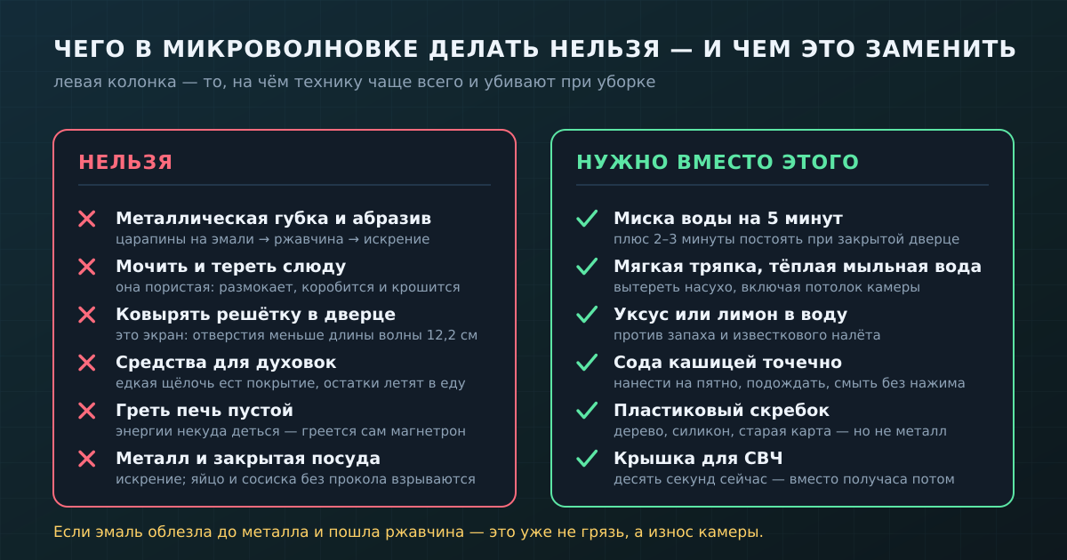 Левая колонка — то, чем микроволновку чаще всего портят во время уборки, правая — чем это заменить. Царапина на эмали приводит к ржавчине и искрению, а мокрая слюдяная пластина коробится и прогорает.