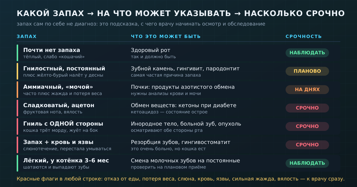 Запах — не диагноз, а подсказка, с чего врачу начинать. Красные флаги в любой строке означают «сегодня», а не «когда будет время».