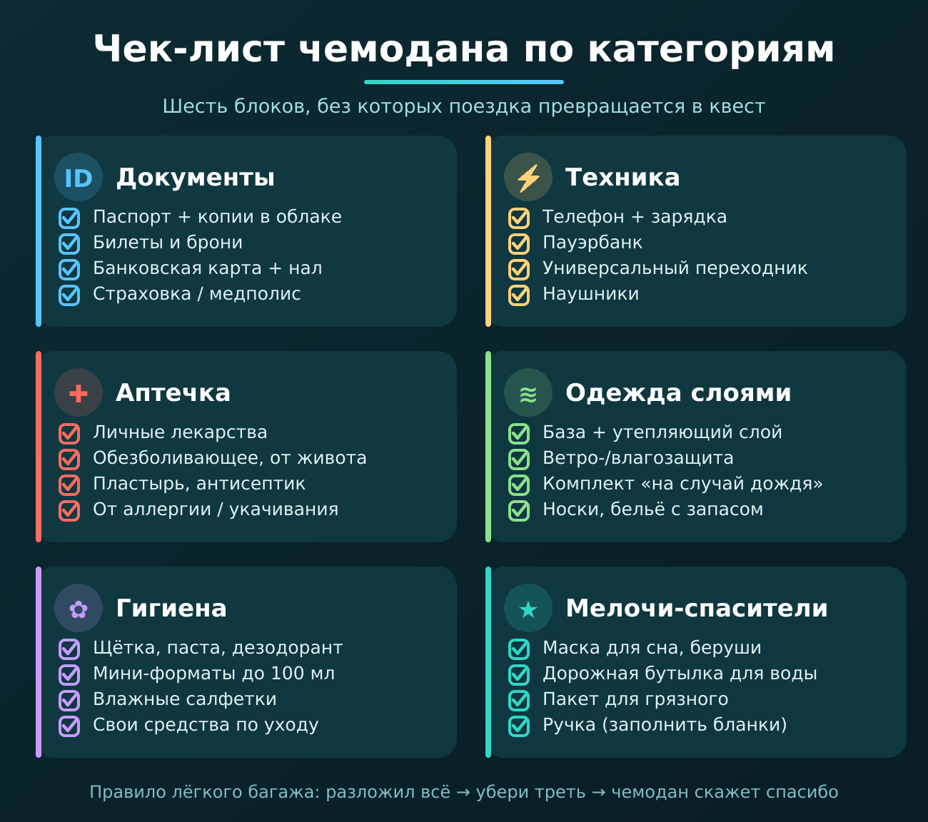 Чек-лист чемодана по шести категориям: документы, техника, аптечка, одежда, гигиена, мелочи