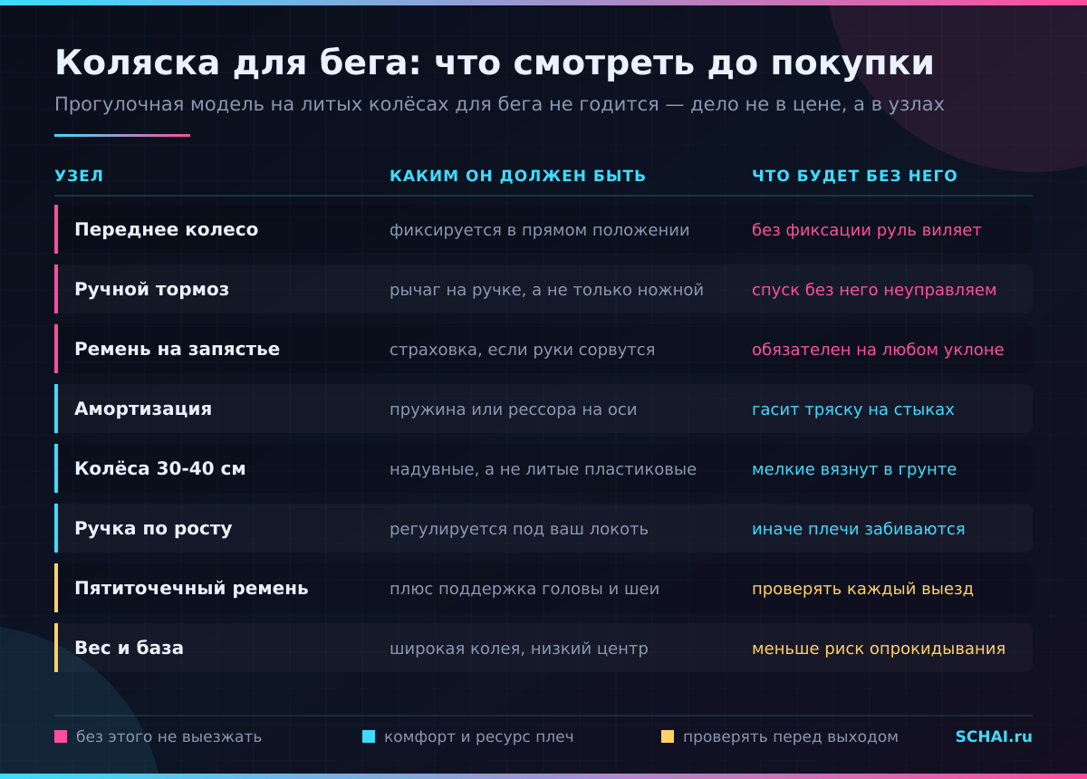 Что смотреть в беговой коляске до покупки: три обязательных узла и пять желательных