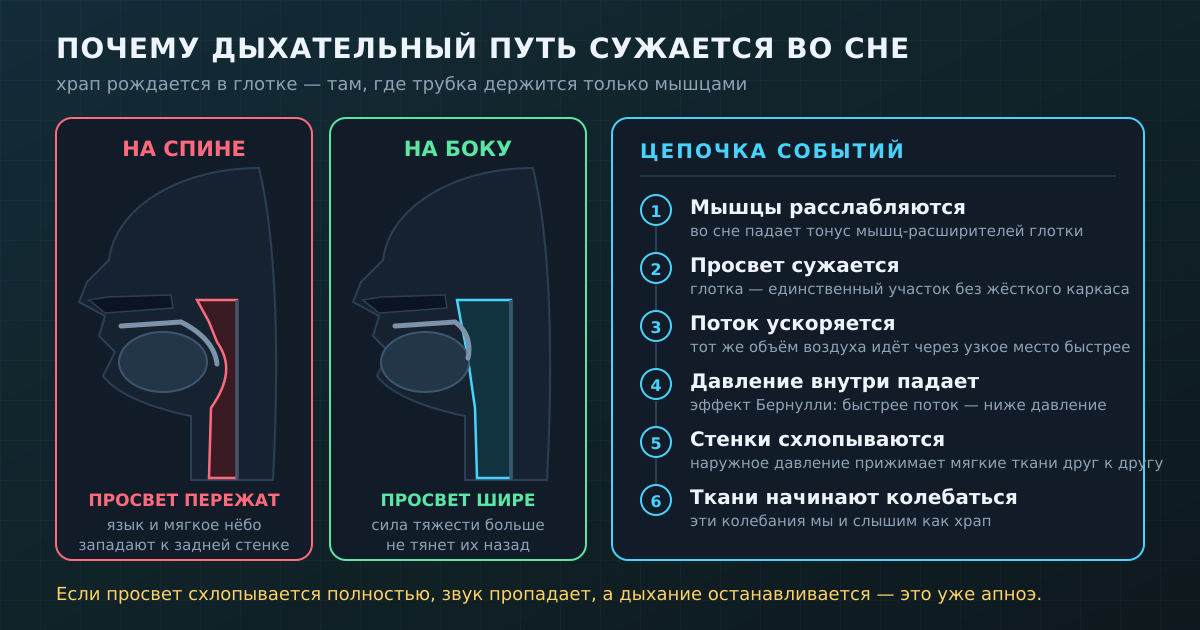 Во сне мышцы отпускают глотку, и дальше физика делает остальное: узкий просвет — быстрый поток — низкое давление — схлопывание стенок