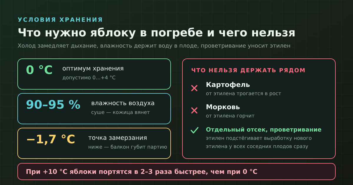 Ноль градусов, 90–95 % влажности и отдельный отсек — три условия, без которых остальное не работает