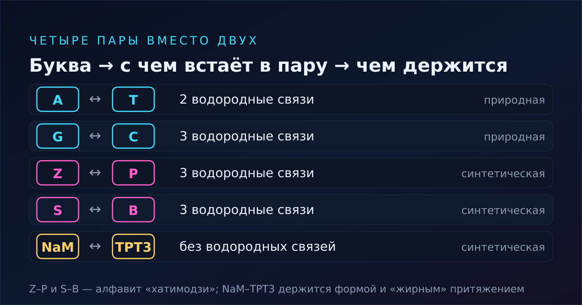 Четыре природные буквы и четыре синтетические: кто с кем встаёт в пару и чем эта пара держится