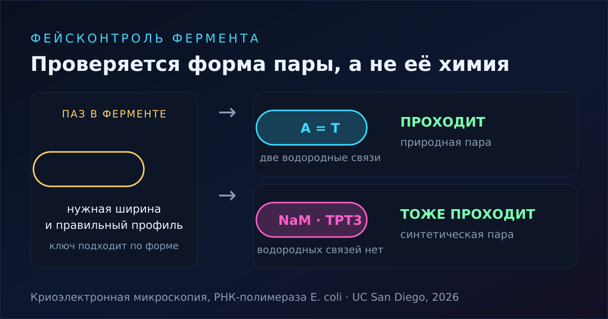Схема: паз в ферменте пропускает и природную пару, и синтетическую без водородных связей — потому что совпадает форма