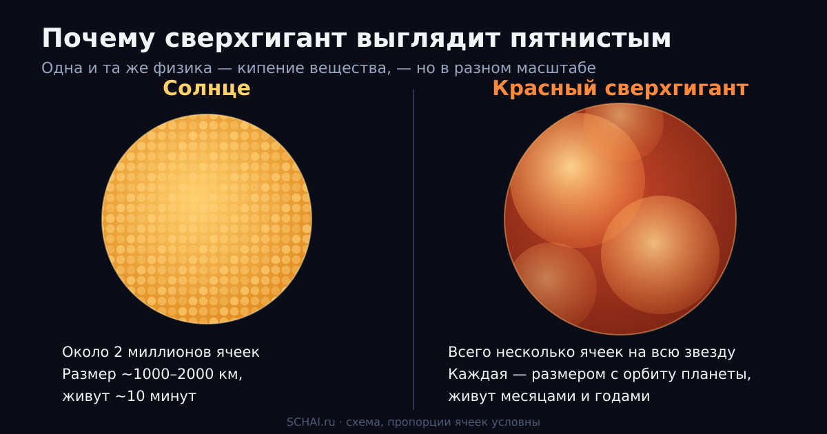 Одна и та же конвекция в двух масштабах: миллионы крошечных ячеек у Солнца и единицы гигантских у красного сверхгиганта
