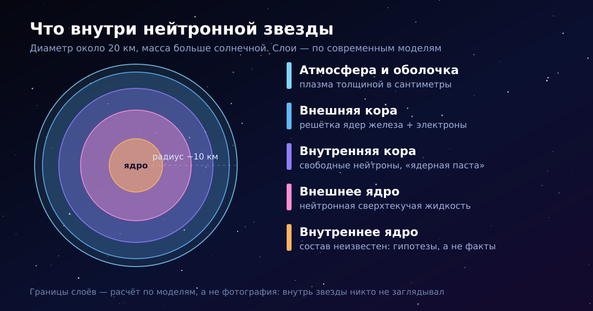 Строение нейтронной звезды по слоям: от коры из ядер железа до неизвестного центра
