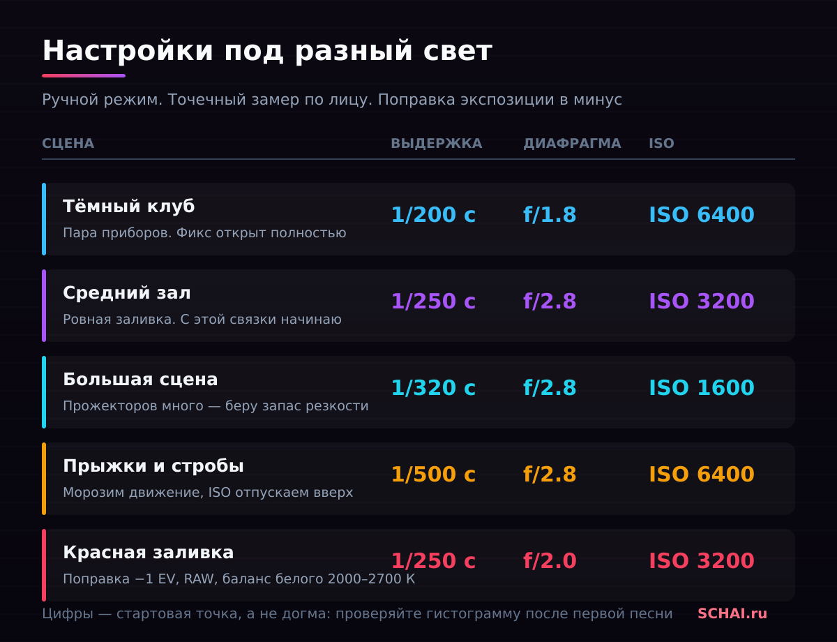 Стартовые настройки под разный сценический свет: от тёмного клуба до красной заливки