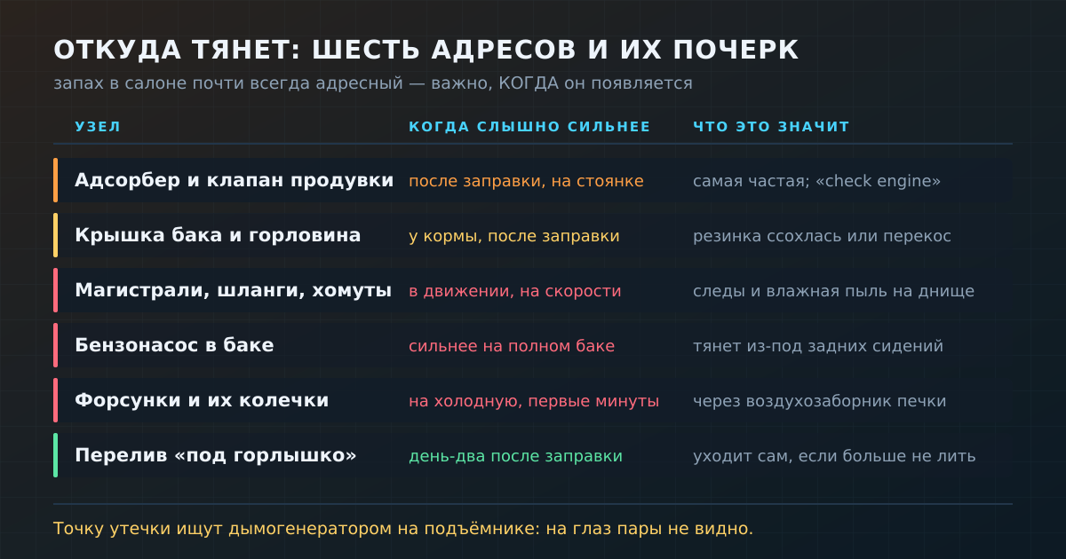 Шесть источников запаха бензина в салоне и характерный почерк каждого