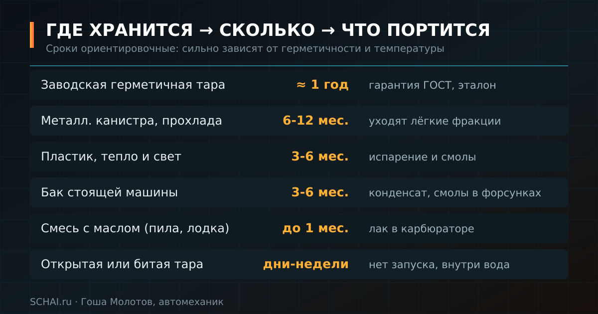 Где хранится бензин, сколько он живёт и что именно в нём портится