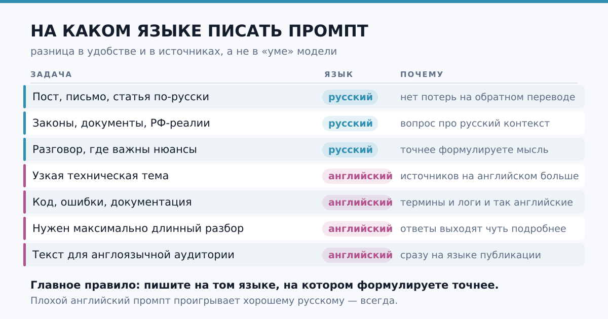 Задача → на каком языке писать промпт → почему