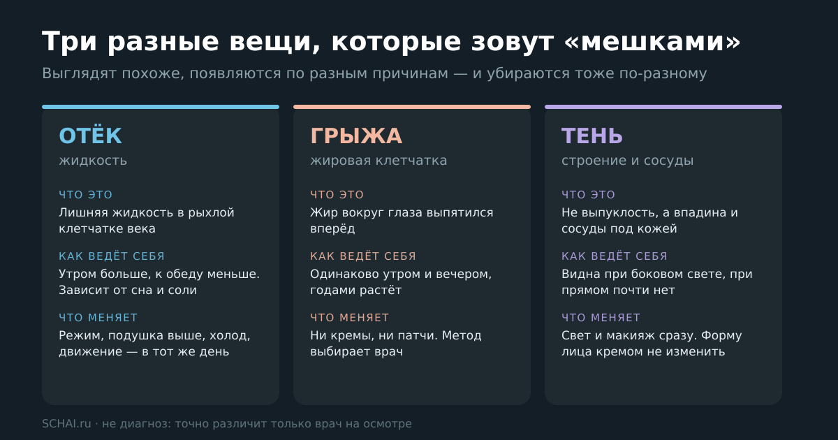 Три разные причины «мешков» под глазами: отёк, грыжа нижнего века и тень от впадины — и чем они отличаются