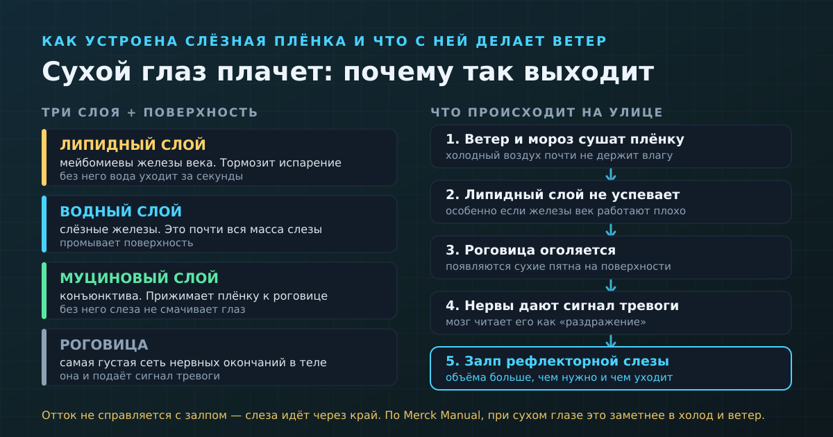 Слева — из чего состоит слёзная плёнка, справа — что с ней делает улица: цепочка от испарения до залпа рефлекторной слезы