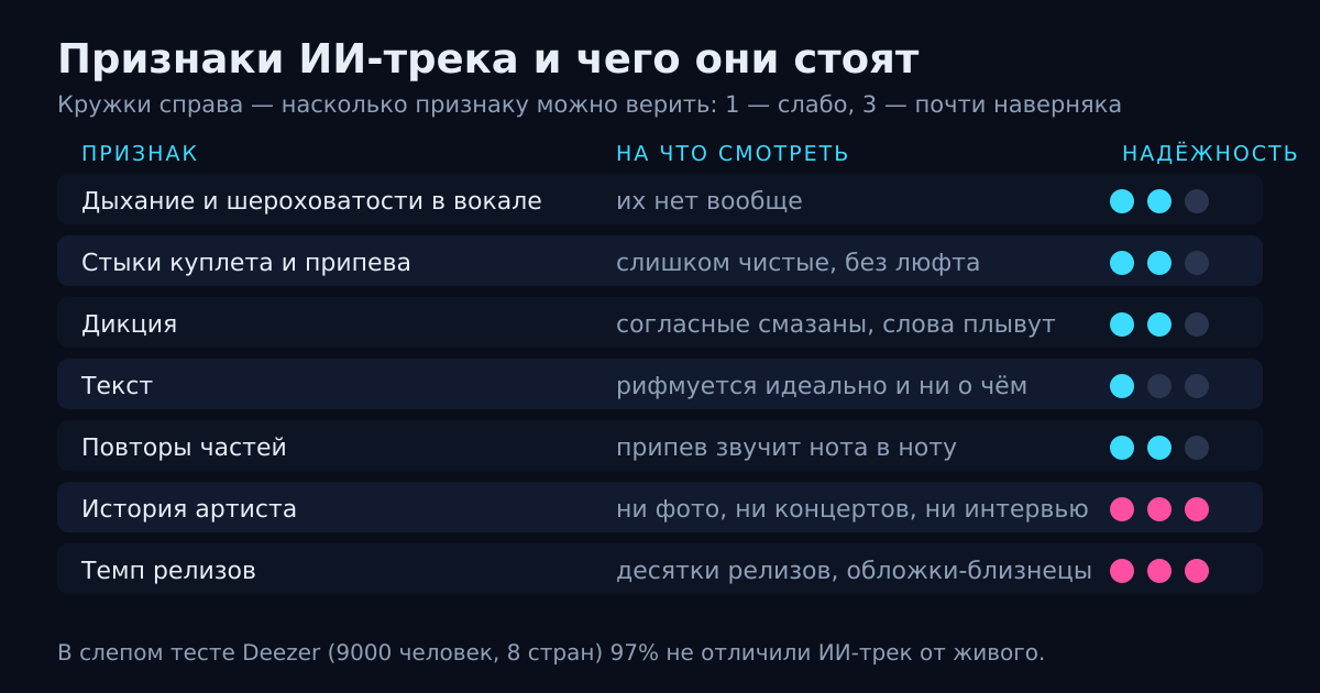 Признаки ИИ-трека и надёжность каждого: звук подсказывает, обвязка артиста говорит громче.