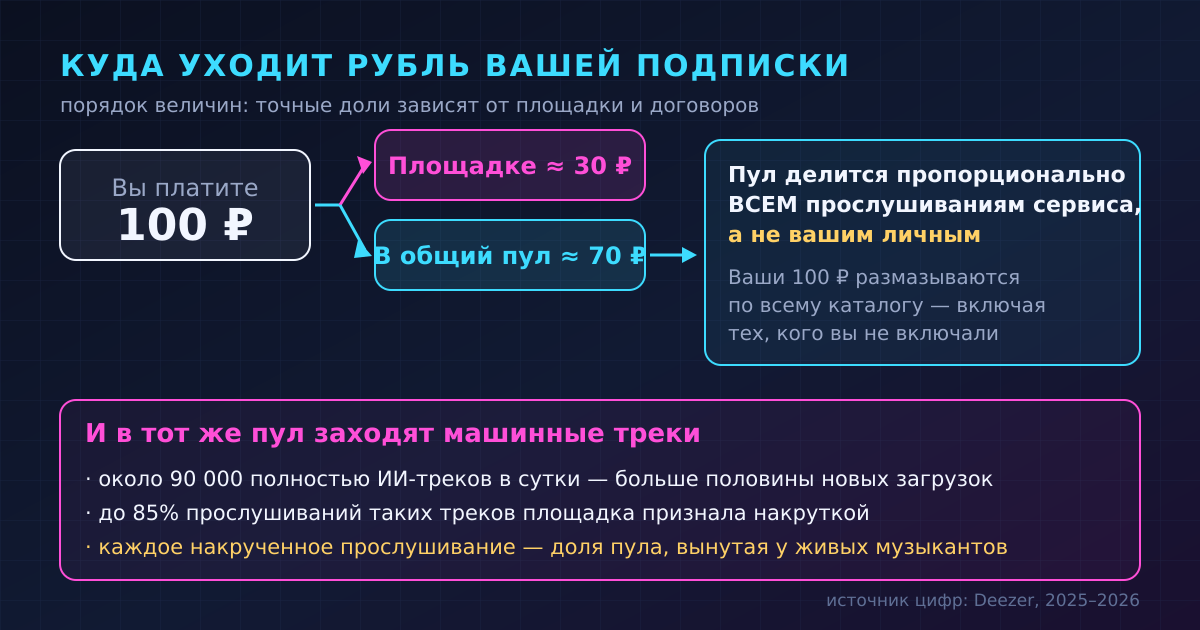 Схема: как платёж подписчика попадает в общий пул и делится по всему каталогу