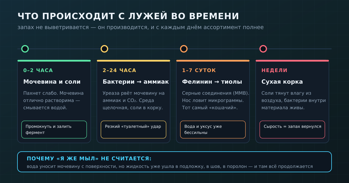 Что происходит с лужей во времени: сначала растворимая мочевина, потом аммиак, потом серные соединения — и сухая корка, которая оживает от влаги