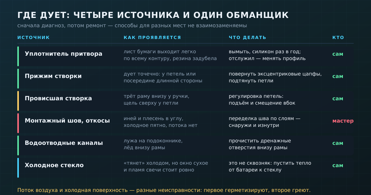 Где дует в пластиковом окне: четыре настоящих источника холода и один обманщик — и что делать с каждым