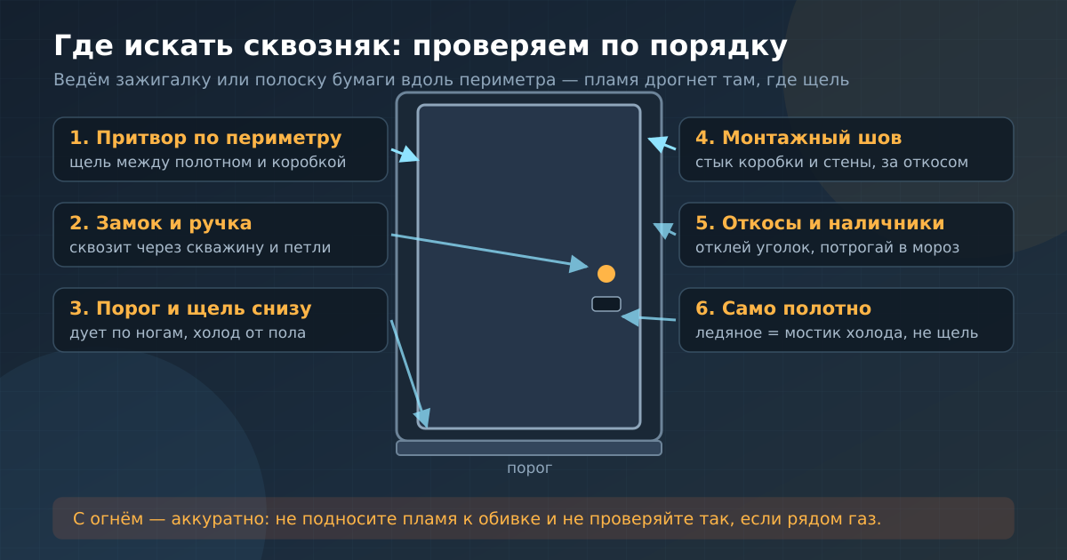 Где искать сквозняк: притвор, замок, порог, монтажный шов, откосы и само полотно