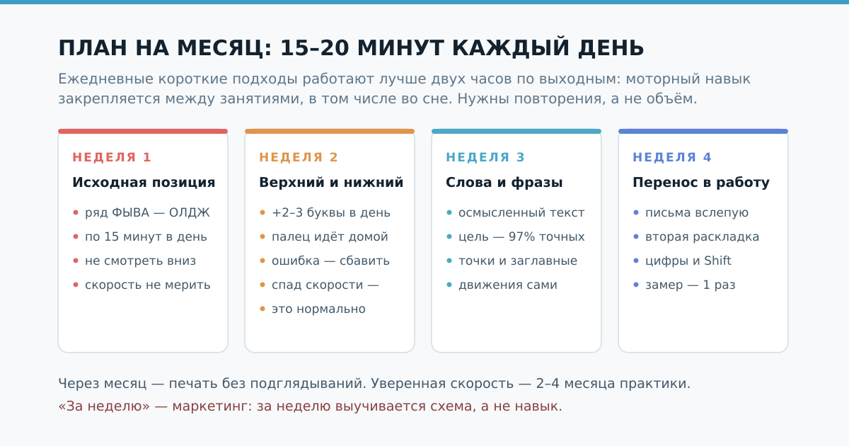 План обучения слепой печати на месяц: чем заниматься каждую неделю