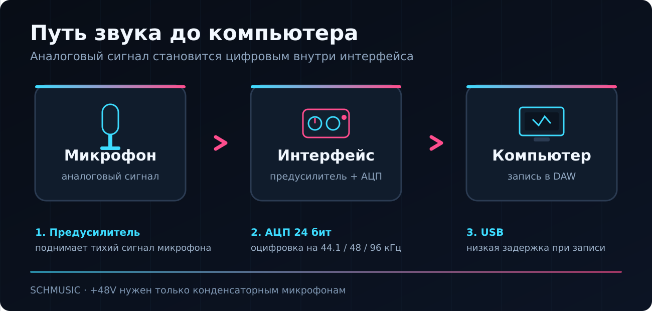 Путь звука: микрофон → аудиоинтерфейс → компьютер