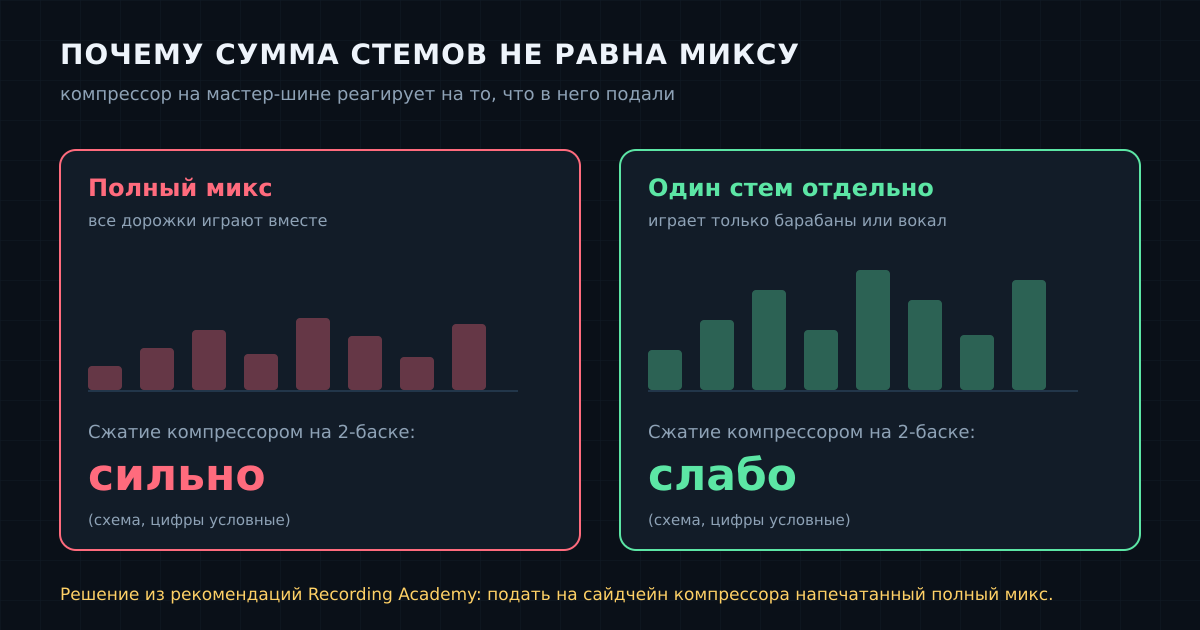 Компрессор на мастер-шине реагирует на уровень суммы: полный микс сжимается сильнее, чем отдельный стем