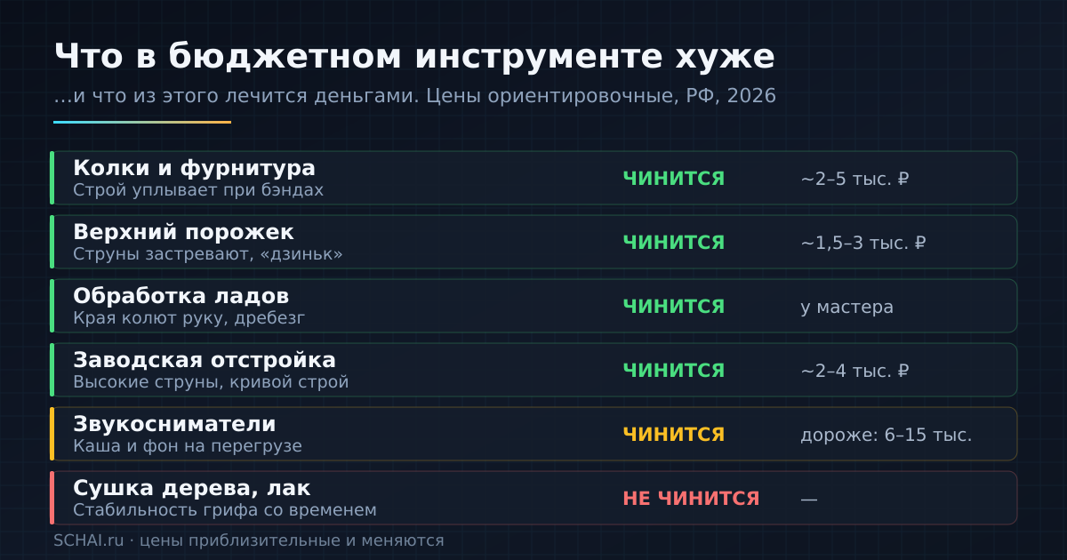 Что в бюджетном инструменте хуже и что из этого чинится деньгами. Цены ориентировочные, РФ, 2026