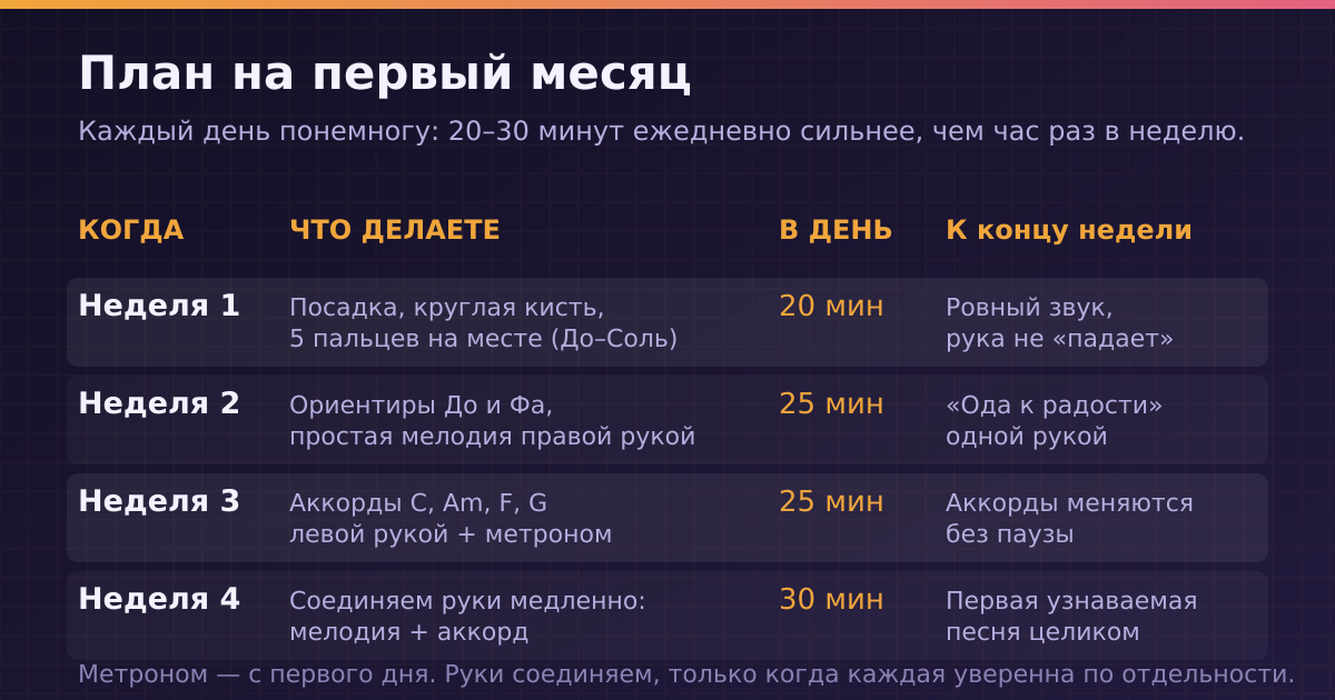 План занятий на пианино на первый месяц по неделям: что делать, сколько минут в день и какой результат