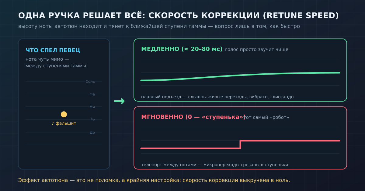 Схема коррекции: автотюн тянет спетую ноту к ближайшей ступени гаммы. Медленно (20–80 мс) — плавный подъезд, незаметно; мгновенно (0) — ступенька, «робот».