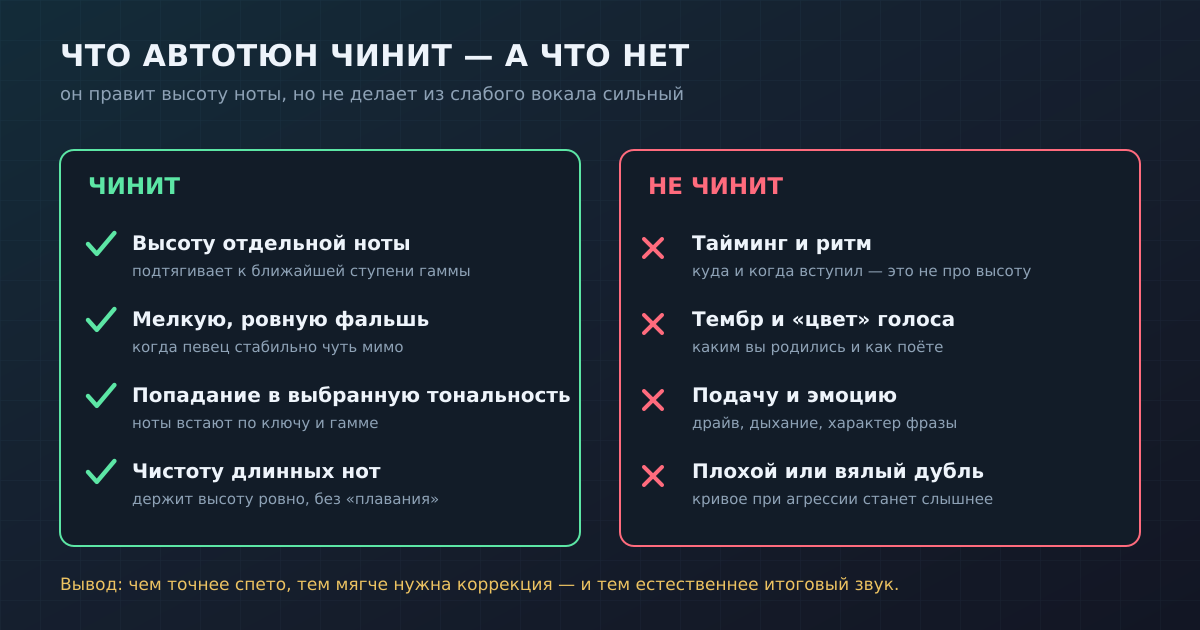 Автотюн правит высоту ноты и попадание в гамму, но не чинит тайминг, тембр, подачу и вялый дубль.