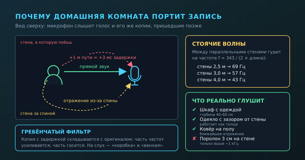 Комната добавляет к голосу его же копии с задержкой — и это единственный дефект, который потом не разделяется эквалайзером