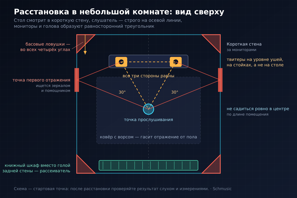 Схема расстановки рабочего места, мониторов и обработки — вид сверху