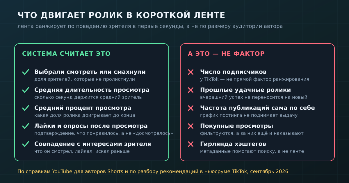 Лента судит ролик по поведению зрителя в первые секунды, а размер вашей аудитории прямым фактором не является