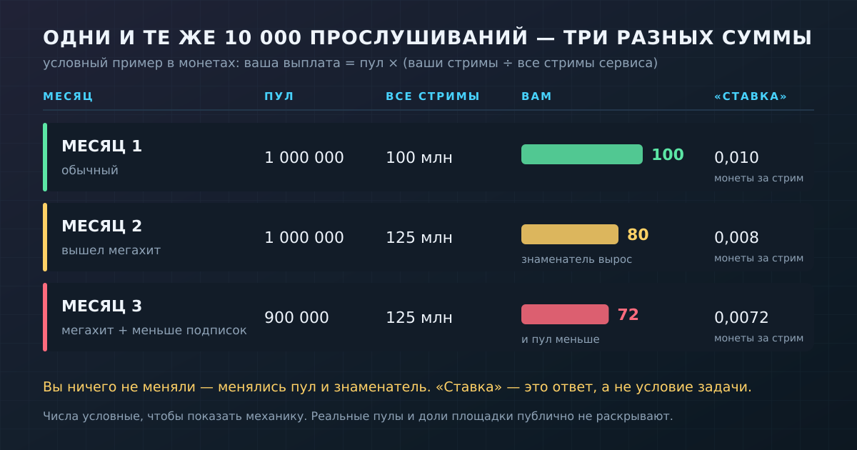 Условный пример: одинаковые 10 000 прослушиваний дают разные деньги, потому что меняются пул и общее число прослушиваний на сервисе