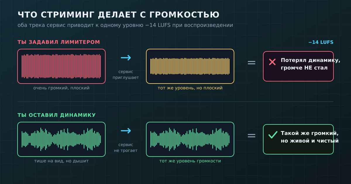 Нормализация в действии: задавленный мастер сервис приглушает до −14 LUFS — громче он не становится, зато теряет динамику. Живой мастер приходит к тому же уровню, но остаётся дышащим.